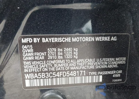 2015 BMW 535I xDrive из США, поврежденный, VIN WBA5B3C54FD548171